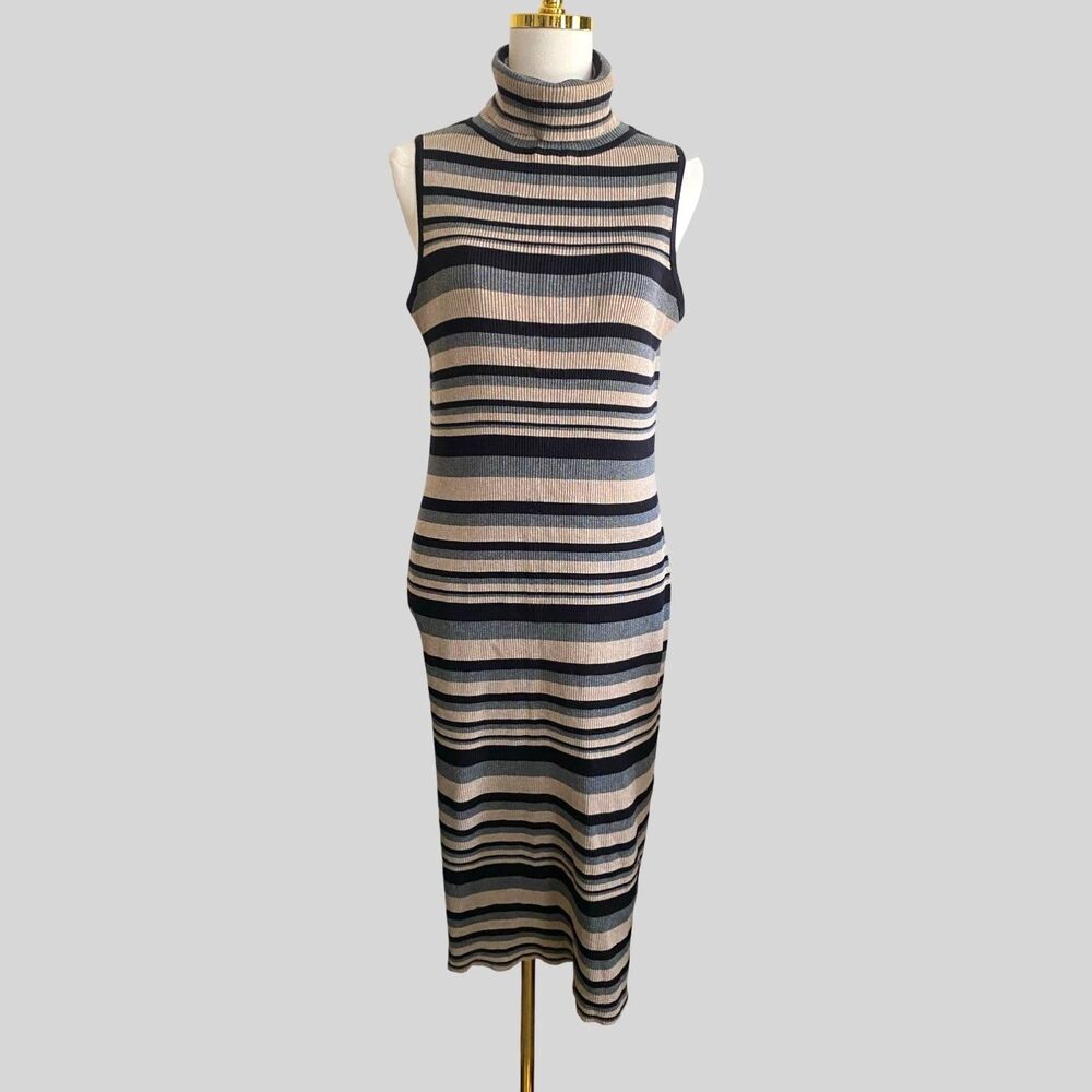 Ronni Nicole Striped Ribbed Knit Sweater Dress L Turtleneck Sleeveless Midi Gray